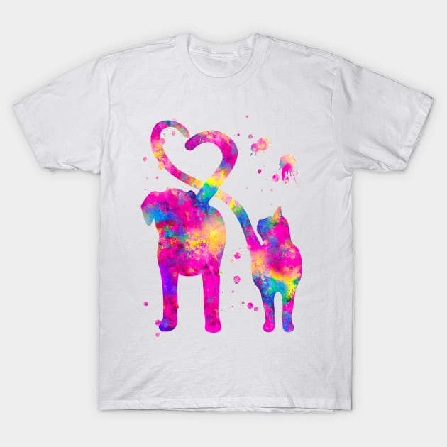 Cat and Dog With Heart Tails Watercolor Painting 2 T-Shirt by Miao Miao Design